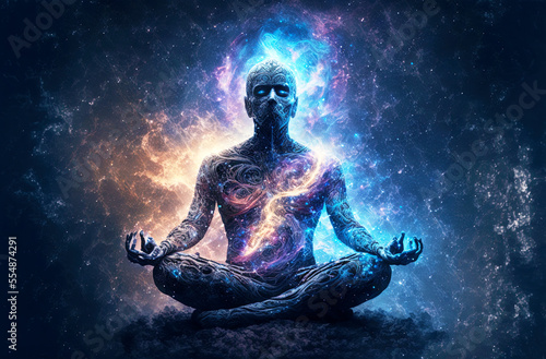 Meditating man in yoga lotus pose is traveling in neverending cosmos. Postproducted generative AI digital illustration.