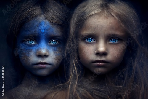 Children with indigo paint and eyes. Spiritual children with old souls. Generative AI, this image is not based on any original image, character or person.