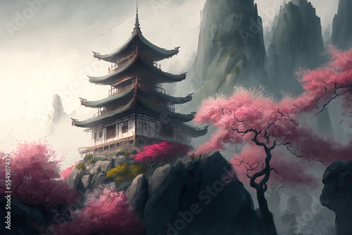 Small temple on a foggy mountain with pink Sakura trees, abstract, generative ai