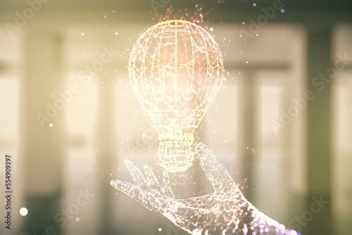 Virtual Idea concept with light bulb illustration on empty corporate office background. Multiexposure