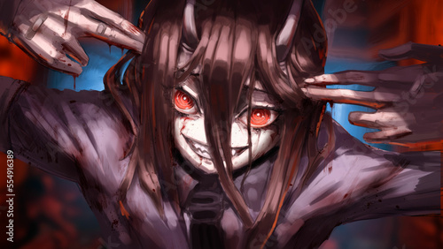 The crazy demon girl presents her hands pistols to temples, smiling, her eyes are red, she is covered with blood from her feet to her head in a thick shirt with a tie. 2d hand drawn anime art