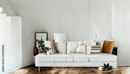 Modern Scandinavian decor of living room with design sofa interior 