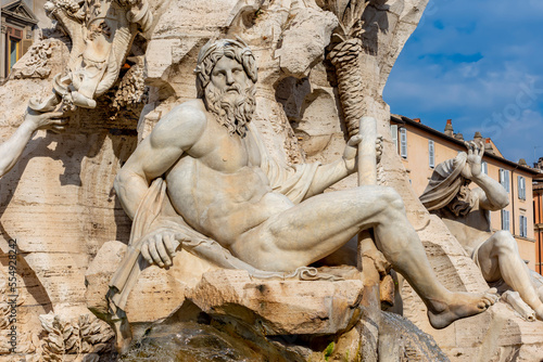 Fountain of Four Rivers (Fontana dei Quattro Fiumi) sculpture on Navona square, Rome, Italy