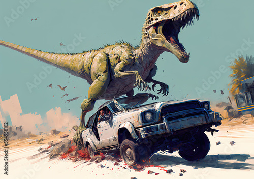 a futuristic mutant raptor is destroying a car, dangerous poster artwork, velociraptor, generative ai technology
