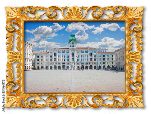 The most important square in Trieste called Piazza Unità d'Italia, Square of the Unity of Italy - Europe - Italy -Trieste - People are not recognizzable - concept with golden wooden carved frame