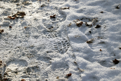 Ślad spodu buta odciśnięty na śniegu w lesie. 