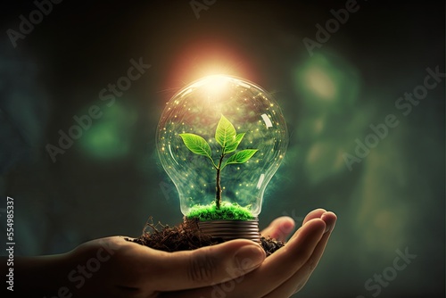 human hand holding a light bulb with a plant sprout inside. Concept of green energy saving, renewable and recycling. Ecology behavior for global warming.