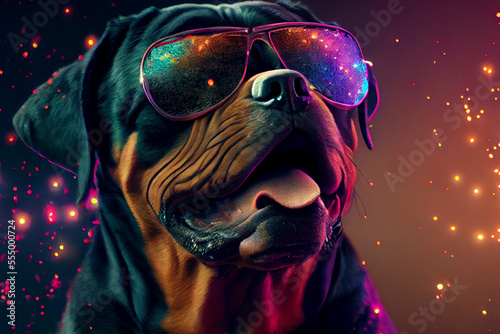 funny rottweiler dog in a nightclub, dog wearing sunglasses on a colorful background with sparkly gold particles, funny party animal, Generative AI