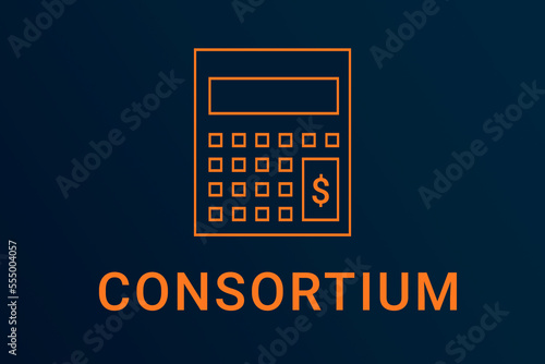 consortium text. Calculator symbolizes economy. consortium logo on dark background. Illustration consortium . Financial screensaver. Minimalist orange calculator