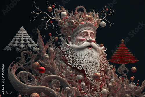 portrait of Santa Clause with golden gifts and christmas elements