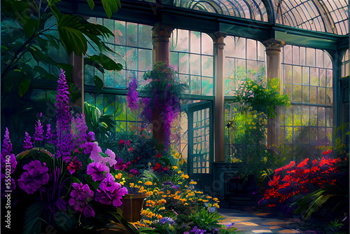 beautiful glass and iron conservatory full of blooming plants