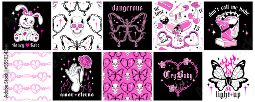 Glamour gothic love collection of emo stickers, y2k seamless patterns, square social media posts with goth slogans.Creepy black pink concepts with wire hearts, fire flame frames and vintage fun skulls