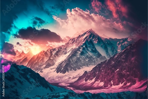 Beautiful Digital Illustration Snow-Covered Mountains with Pink Sunset Sky
