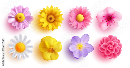 Spring flowers set vector design. Spring flower collection like daffodil, sun flower, crocus, daisy, peony and chrysanthemum fresh and blooming elements isolated in white background. Vector