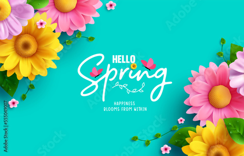 Hello spring text vector background design. Spring greeting typography with fresh bloom flowers and butterfly elements in empty space for holiday season celebration. Vector Illustration. 