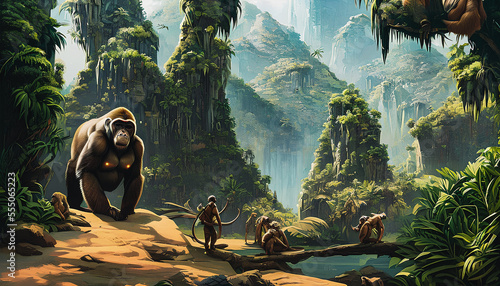 Painting of a gorilla ape in the jungle, Generative AI