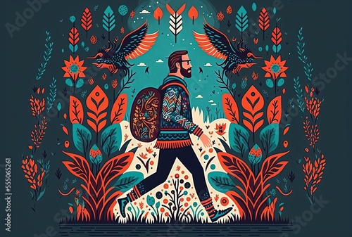 Norwegian folk art style illustration of a backpacker on his travel, idea for digital nomad theme,