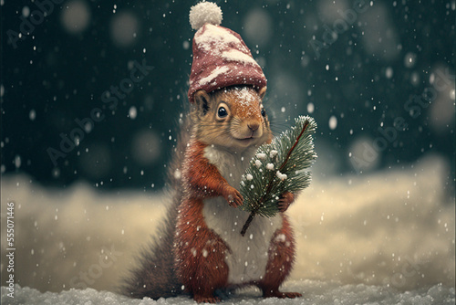 Little tiny squirrel dressed up as Santa Claus on snowing