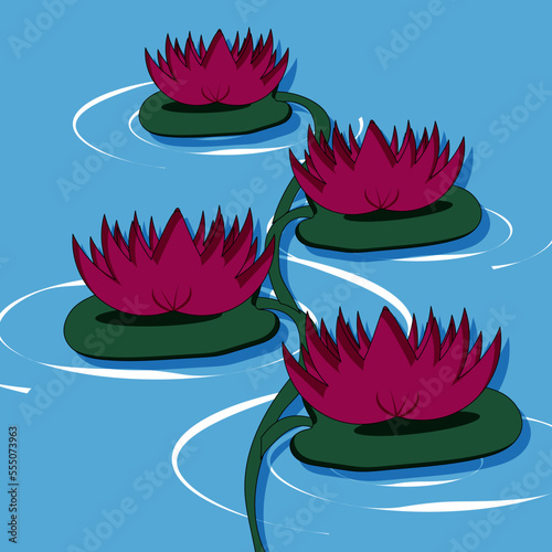 Backdrop with lotus flowers on a green leaf on a lake with streaks on the water.Website banner concept with chinese flower. Thai flower festive. Bualuang.