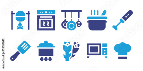 Cooking icon set. Vector illustration. Containing pot on fire, bake, pans, pot, kitchen pack, spatula, boiling, asparagus, microwave oven, chef hat