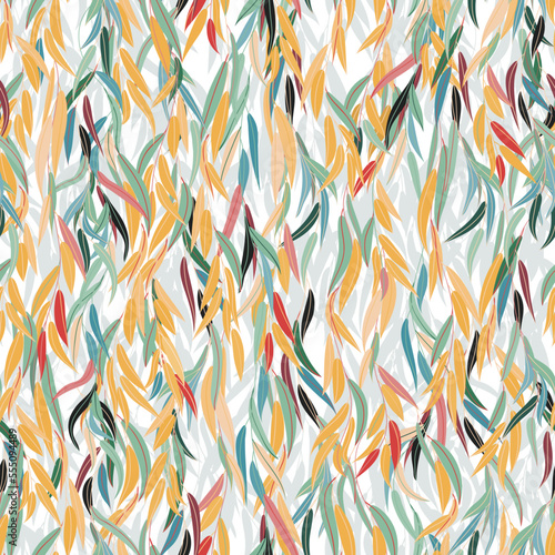 Seamless vector pattern with weeping willow branches. The drooping branches of a tree with colorful autumn leaves. Natural print on a light background.