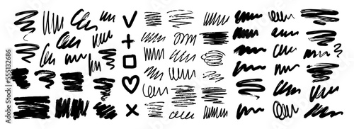 Collection of black abstract brush strokes, lines, signs, squiggles and swirls. Vector hand-drawn illustration isolated on white background. Perfect for decorations and various designs.