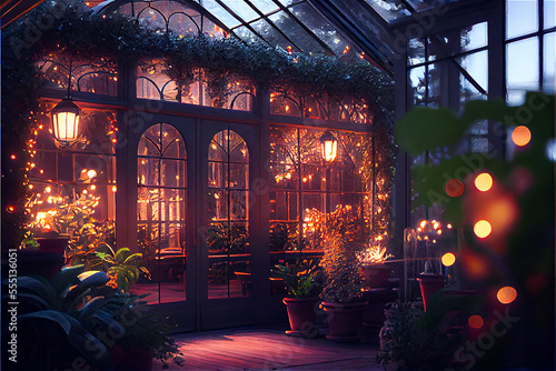 beautiful vintage conservatory with fairy lights in a festive luxury atmosphere