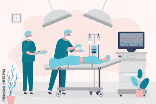 Surgery room interior, group of surgeons operate patient. Operating room with medicines instruments, accessories. Intensive care, anesthesia, surgery, patient on operation table.