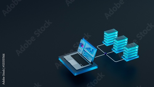3D Isometric illustration: Laptop Computer Connected to Networks of Servers. Concept of Remote Management, Computing, Virtualization and Peer-to-Peer Solutiuons. Dark Blue Background.