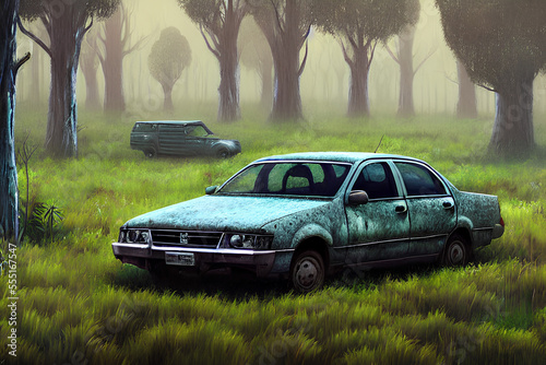 A landscape in the garden an old Commodore car image made by AI technology