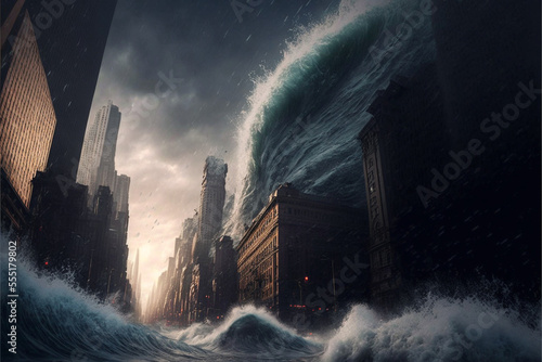 Generative AI illustration of tsunami flooding a city