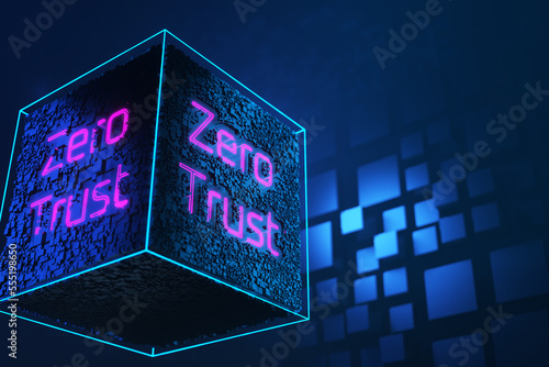 The inscription zero trust on a technology cube. Network connection concept on a cubic background. Zero trust security model. Secure network. 3d render.