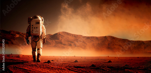 Astronaut on mars the red planet. Landscape with desert and mountains, Colonization of Mars, generative ai