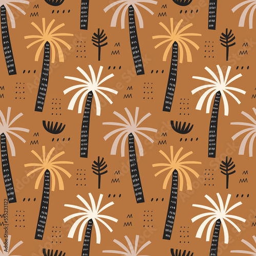 Palm trees vector seamless pattern. Tropical background with hand drawn arecaceae plants