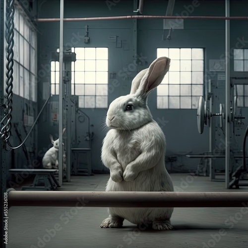 Weightlifter rabbit, rabbit lifting weights at the gym, buff white rabbit, rabbit year illustration, year 2023, year of the water rabbit, generative ai hare art