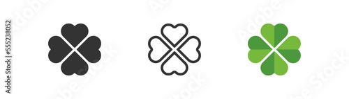 Clover with four leafs icon on light background. St Patrick's day, leprechaun symbols. Green lucky clover sign. Flat minimal design.