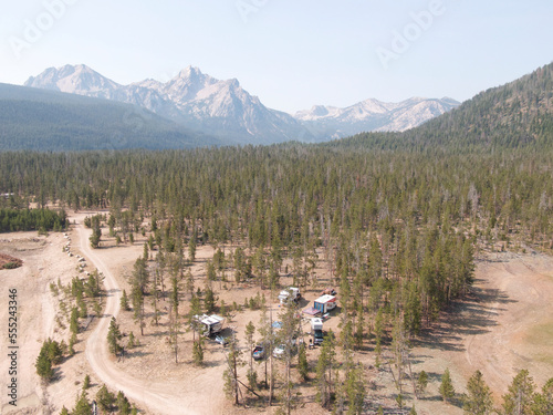 Aerial view of campers in Sawtooth National Forest in Idaho