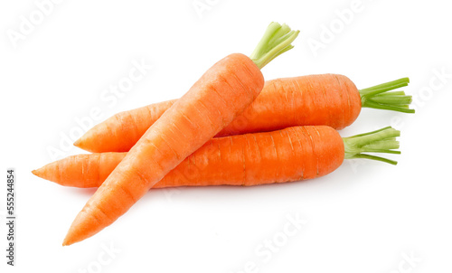 Fresh carrot isolated. Two whole carrots and half of carrot on white background.