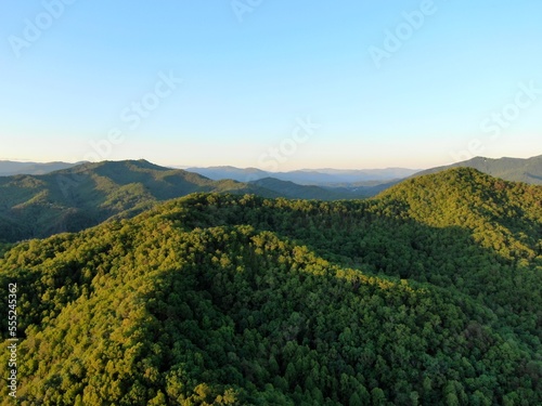 Sunset aerial above Smoky Mountains in North Carolina