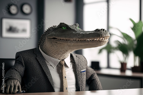 portrait of a crocodile in a suit sitting at a desk, ai generated