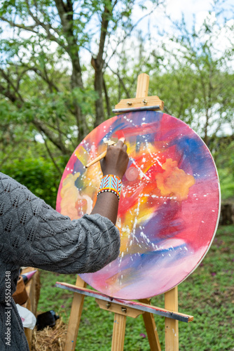 close up of a woman painting in the garden