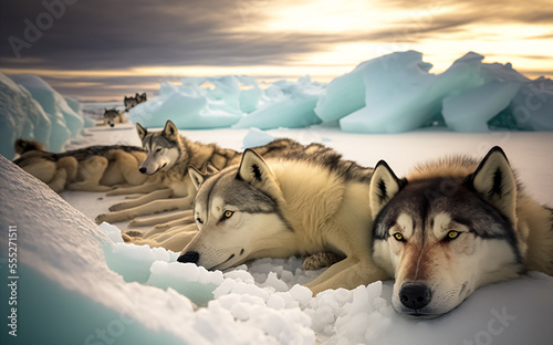A team of husky sled dogs rest on sea ice, Greenland. digital art 