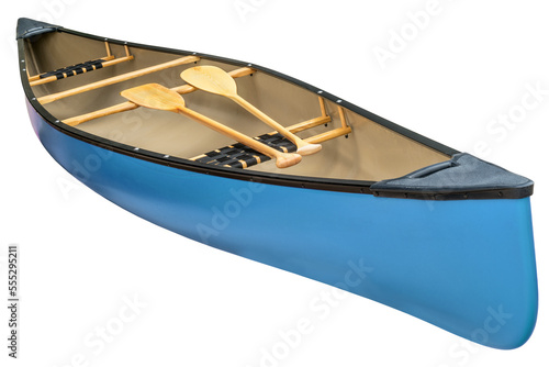 blue tandem canoe with a pair of wooden paddles, transparent background
