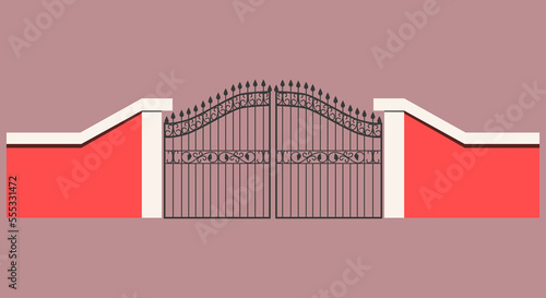 The forged entrance gate is made of pink cement wall. Cast iron forging with roundings and spikes. Vector illustration. A large metal door as an entrance gate.