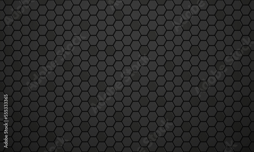 Black glossy ceramic hexagon tiles pattern horizontal background. Modern home interior, bathroom and kitchen wall texture. Vector black shiny metal hexagonal wall background