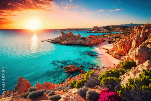 Beautiful spring scenery. Colorful morning scene of Sardinia, Italy, Europe. Fantastic sunrise on Del Sinis peninsula. Picturesque seascape of Mediterranean sea. Digital artwork 