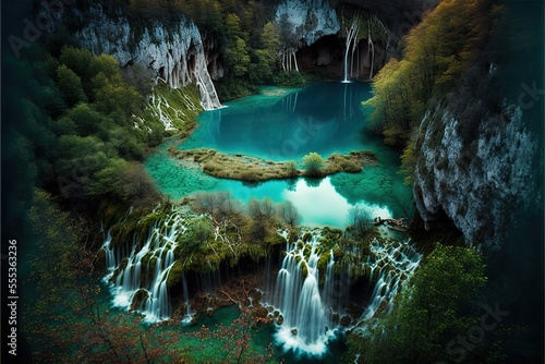 Plitvice Lakes National Park, Croatia, Balkan Peninsula, Europe. Generative AI
