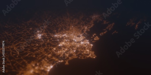 Street lights map of Portland (Maine, USA) with tilt-shift effect, view from south. Imitation of macro shot with blurred background. 3d render, selective focus