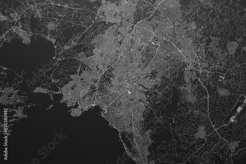 Street map of Athens (Greece) on black paper with light coming from top