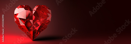 Bright red ruby gemstone valentine valentines heart, red background bannner. 
